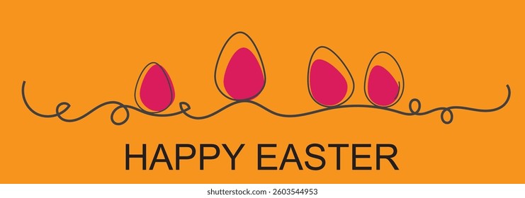 One line drawing. Abstract decorative horizontal divider with easter color eggs. Beautiful hand drawn easter eggs. Happy easter text. Border design element. Vector stock illustration