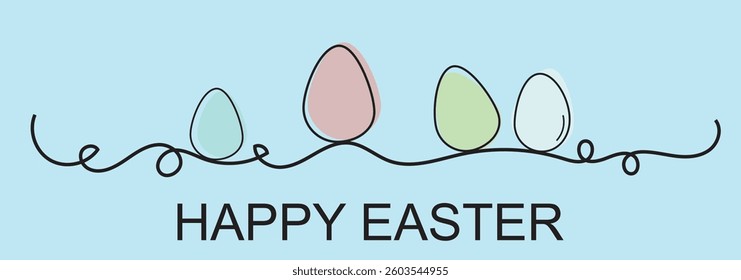 One line drawing. Abstract decorative horizontal divider with easter color eggs. Beautiful hand drawn easter eggs. Happy easter text. Border design element. Vector stock illustration