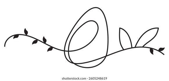 One line drawing. Abstract decorative horizontal ornament with easter color eggs, stem and leaves. Beautiful hand drawn easter eggs. Happy easter border design element. Vector stock illustration.