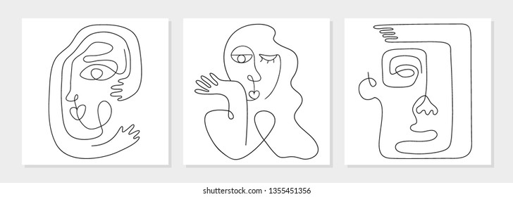 One line drawing abstract face. Modern continuous line art man and woman portrait, minimalist contour. Great for home decor such as posters, wall art, tote bag, t-shirt print, mobile case. Vector