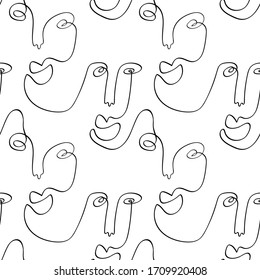 One line drawing abstract face seamless pattern. Modern minimalism art, aesthetic contour. Continuous line background with woman and man faces. Vector group of people.