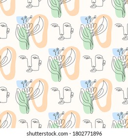 One line drawing abstract face seamless pattern. Modern minimalism art, aesthetic contour. Continuous line background with woman and man faces.