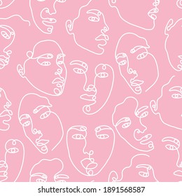 Un plano de línea abstracto de cara sin inconvenientes. Arte minimalista moderno, contorno estético. Continuo fondo de línea con caras de mujer y hombre. Grupo vector de personas