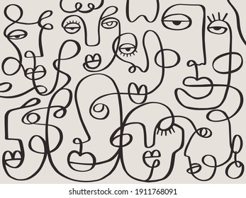 One line drawing abstract face abstract pattern. Modern minimalism art, aesthetic contour. Continuous line background with woman and man faces. Wall poster decor
