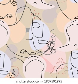 One line drawing. Abstract face seamless pattern. Vector Modern minimal art.  Graphics contour background. Continuous line drawing. Linear design woman and man faces. Beauty modern print. 