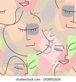 Dibujo de una línea. Resumen de la cara sin fisuras. Vector Arte mínimo moderno. Fondo de contorno gráfico. Dibujo continuo de líneas. Diseño lineal de caras de hombre y mujer. La belleza de la impresión moderna. 