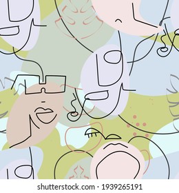 One line drawing. Abstract face seamless pattern. Vector Modern minimal art.  Graphics contour background. Continuous line drawing. Linear design woman and man faces. Beauty modern print. 