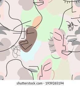 Dibujo de una línea. Resumen de la cara sin fisuras. Vector Arte mínimo moderno. Fondo de contorno gráfico. Dibujo continuo de líneas. Diseño lineal de caras de hombre y mujer. La belleza de la impresión moderna. 