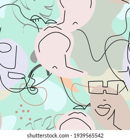 One line drawing. Abstract face seamless pattern. Vector Modern minimal art.  Graphics contour background. Continuous line drawing. Linear design woman and man faces. Beauty modern print. 