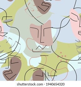 One line drawing. Abstract face seamless pattern. Vector Modern minimal art.  Graphics contour background. Continuous line drawing. Linear design woman and man faces. Beauty modern print. 