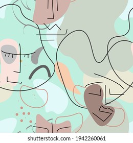 One line drawing. Abstract face seamless pattern. Vector Modern minimal art.  Graphics contour background. Continuous line drawing. Linear design woman and man faces. Beauty modern print. 