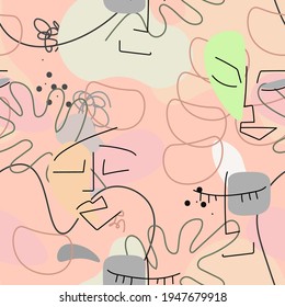 One line drawing. Abstract face seamless pattern. Vector Modern minimal art.  Graphics contour background. Continuous line drawing. Linear design woman and man faces. Beauty modern print. 