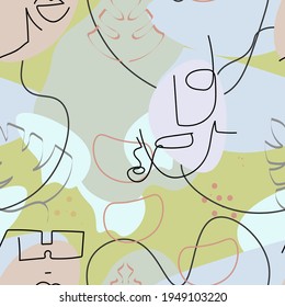 Dibujo de una línea. Resumen de la cara sin fisuras. Vector Arte mínimo moderno. Fondo de contorno gráfico. Dibujo continuo de líneas. Diseño lineal de caras de hombre y mujer. La belleza de la impresión moderna. 
