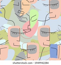 One line drawing. Abstract face seamless pattern. Vector Modern minimal art.  Graphics contour background. Continuous line drawing. Linear design woman and man faces. Beauty modern print. 