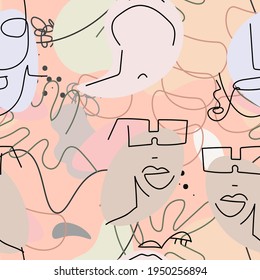 Dibujo de una línea. Resumen de la cara sin fisuras. Vector Arte mínimo moderno. Fondo de contorno gráfico. Dibujo continuo de líneas. Diseño lineal de caras de hombre y mujer. La belleza de la impresión moderna. 