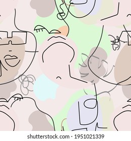 One line drawing. Abstract face seamless pattern. Vector Modern minimal art.  Graphics contour background. Continuous line drawing. Linear design woman and man faces. Beauty modern print. 