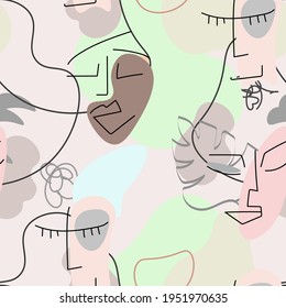 One line drawing. Abstract face seamless pattern. Vector Modern minimal art.  Graphics contour background. Continuous line drawing. Linear design woman and man faces. Beauty modern print. 