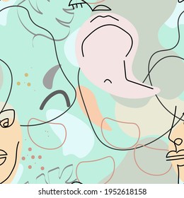 Dibujo de una línea. Resumen de la cara sin fisuras. Vector Arte mínimo moderno. Fondo de contorno gráfico. Dibujo continuo de líneas. Diseño lineal de caras de hombre y mujer. La belleza de la impresión moderna. 