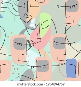 One line drawing. Abstract face seamless pattern. Vector Modern minimal art.  Graphics contour background. Continuous line drawing. Linear design woman and man faces. Beauty modern print. 