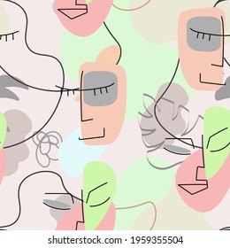 One line drawing. Abstract face seamless pattern. Vector Modern minimal art.  Graphics contour background. Continuous line drawing. Linear design woman and man faces. Beauty modern print. 