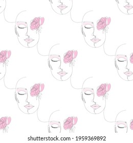 One line drawing abstract face seamless pattern, minimalistic contour line art. Continuously with people's faces. Vector illustration