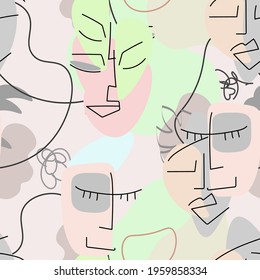 One line drawing. Abstract face seamless pattern. Vector Modern minimal art.  Graphics contour background. Continuous line drawing. Linear design woman and man faces. Beauty modern print. 