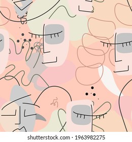 One line drawing. Abstract face seamless pattern. Vector Modern minimal art.  Graphics contour background. Continuous line drawing. Linear design woman and man faces. Beauty modern print. 