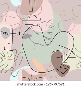 One line drawing. Abstract face seamless pattern. Vector Modern minimal art.  Graphics contour background. Continuous line drawing. Linear design woman and man faces. Beauty modern print. 