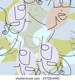 One line drawing. Abstract face seamless pattern. Vector Modern minimal art.  Graphics contour background. Continuous line drawing. Linear design woman and man faces. Beauty modern print. 