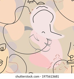 One line drawing. Abstract face seamless pattern. Vector Modern minimal art.  Graphics contour background. Continuous line drawing. Linear design woman and man faces. Beauty modern print. 