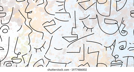 One line drawing. Abstract face seamless pattern. Vector Modern minimal art. Graphics contour background. Continuous line drawing. Linear design woman and man faces. Beauty modern print.