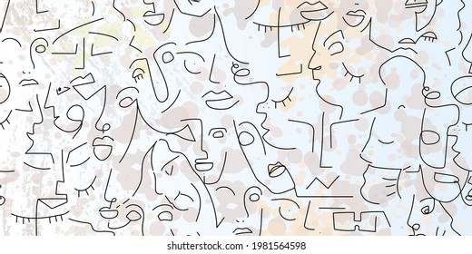 One line drawing. Abstract face seamless pattern. Vector Modern minimal art. Graphics contour background. Continuous line drawing. Linear design woman and man faces. Beauty modern print.