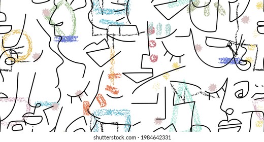 One line drawing. Abstract face seamless pattern. Vector Modern minimal art. Graphics contour background. Continuous line drawing. Linear design woman and man faces. Horizontal Beauty modern print.