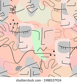 Dibujo de una línea. Resumen de la cara sin fisuras. Vector Arte mínimo moderno. Fondo de contorno gráfico. Dibujo continuo de líneas. Diseño lineal de caras de hombre y mujer. La belleza de la impresión moderna. 