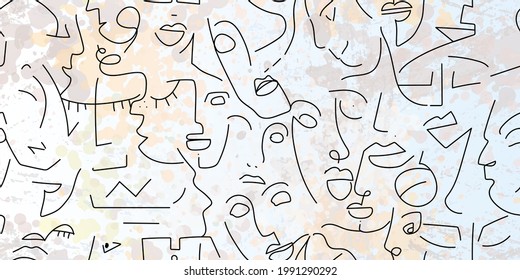 One line drawing. Abstract face seamless pattern. Vector Modern minimal art. Graphics contour background. Continuous line drawing. Linear design woman and man faces. Beauty modern print.