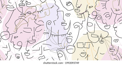 One line drawing. Abstract face seamless pattern. Vector Modern minimal art. Graphics contour background. Continuous line drawing. Linear design woman and man faces. Beauty modern print.
