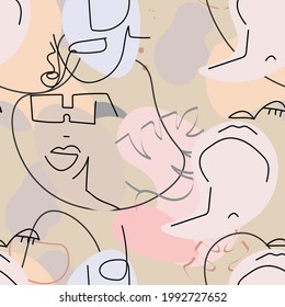 One line drawing. Abstract face seamless pattern. Vector Modern minimal art.  Graphics contour background. Continuous line drawing. Linear design woman and man faces. Beauty modern print. 