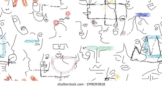 One line drawing. Abstract face seamless pattern. Vector Modern minimal art. Graphics contour background. Continuous line drawing. Linear design woman and man faces. Horizontal Beauty modern print.