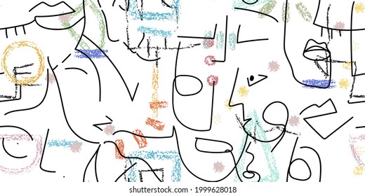 One line drawing. Abstract face seamless pattern. Vector Modern minimal art. Graphics contour background. Continuous line drawing. Linear design woman and man faces. Horizontal Beauty modern print.