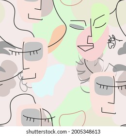 Eine Zeichnung. Abstraktes Gesicht nahtloses Muster. Vektorgrafik Moderne minimale Kunst. Konturhintergrund für Grafiken. Durchgehende Zeilenzeichnung. Lineares Design, Frau und Mann Gesichter. Schönes, modernes Drucken. 