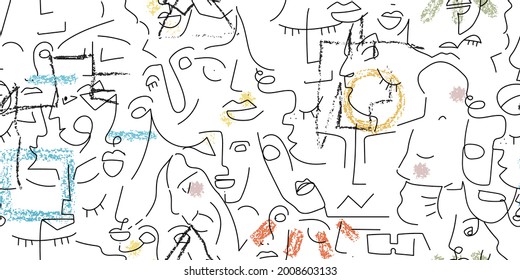 Dibujo de una línea. Resumen de la cara sin fisuras. Vector Arte mínimo moderno. Fondo de contorno gráfico. Dibujo continuo de líneas. Diseño lineal de caras de hombre y mujer. Belleza horizontal impresión moderna.