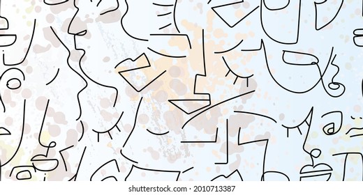 Dibujo de una línea. Resumen de la cara sin fisuras. Vector Arte mínimo moderno. Fondo de contorno gráfico. Dibujo continuo de líneas. Diseño lineal de caras de hombre y mujer. La belleza de la impresión moderna.