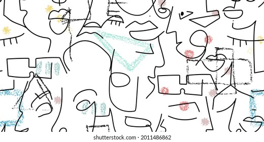 One line drawing. Abstract face seamless pattern. Vector Modern minimal art. Graphics contour background. Continuous line drawing. Linear design woman and man faces. Horizontal Beauty modern print.
