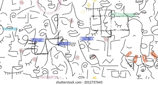 One line drawing. Abstract face seamless pattern. Vector Modern minimal art. Graphics contour background. Continuous line drawing. Linear design woman and man faces. Horizontal Beauty modern print.