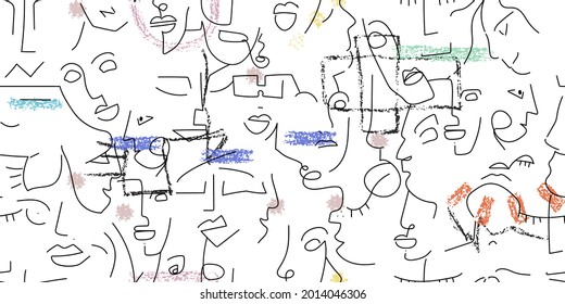 One line drawing. Abstract face seamless pattern. Vector Modern minimal art. Graphics contour background. Continuous line drawing. Linear design woman and man faces. Horizontal Beauty modern print.