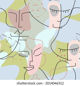 Eine Zeichnung. Abstraktes Gesicht nahtloses Muster. Vektorgrafik Moderne minimale Kunst. Konturhintergrund für Grafiken. Durchgehende Zeilenzeichnung. Lineares Design, Frau und Mann Gesichter. Schönes, modernes Drucken. 