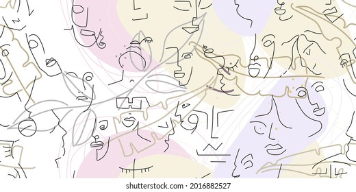 One line drawing. Abstract face seamless pattern. Vector Modern minimal art. Graphics contour background. Continuous line drawing. Linear design woman and man faces. Beauty modern print.