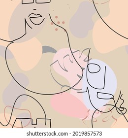 One line drawing. Abstract face seamless pattern. Vector Modern minimal art.  Graphics contour background. Continuous line drawing. Linear design woman and man faces. Beauty modern print. 