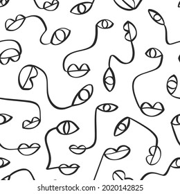 One line drawing abstract face seamless pattern. Modern minimalism art, aesthetic contour print.Printable Continuous line background with woman and man faces. Wall poster decor