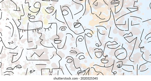 One line drawing. Abstract face seamless pattern. Vector Modern minimal art. Graphics contour background. Continuous line drawing. Linear design woman and man faces. Beauty modern print.